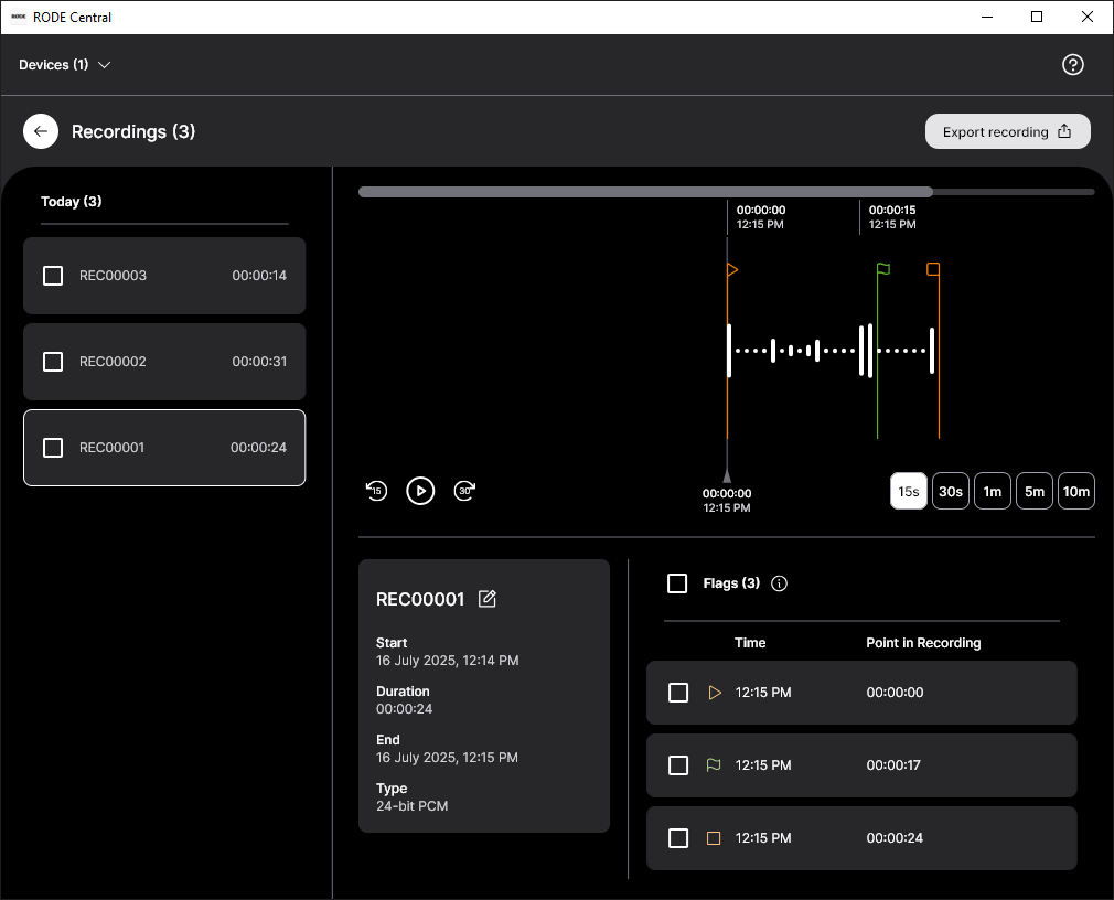 RØDE Central playback and export settings